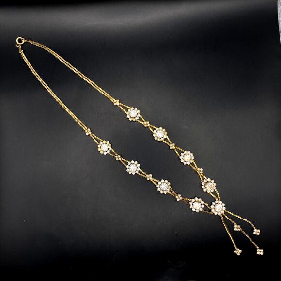 Vtg Unsigned GOLDETTE Crystal Tassel Necklace Double Row Floral Goldtone 16 1/2" - Picture 2 of 8